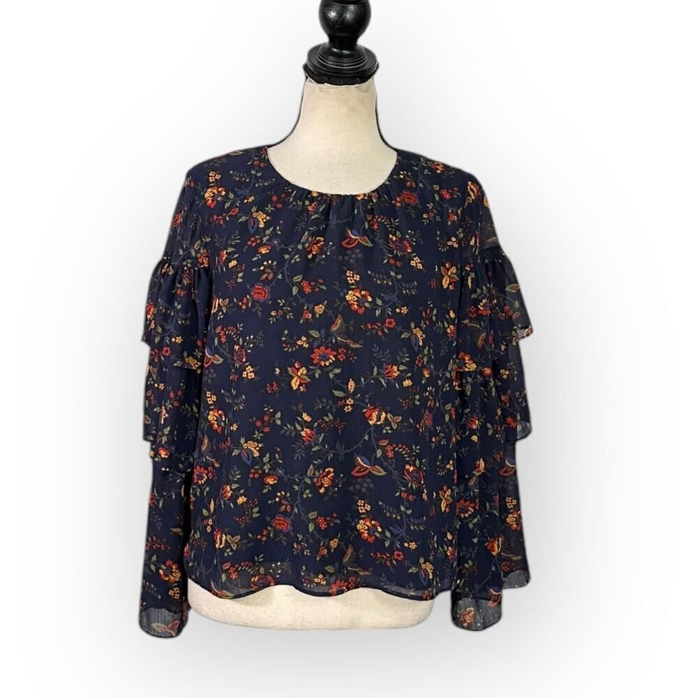 Madewell Ruffle-Sleeve Top Women's Small Navy Blue Floral Climbing Vine Blouse - Picture 3 of 13